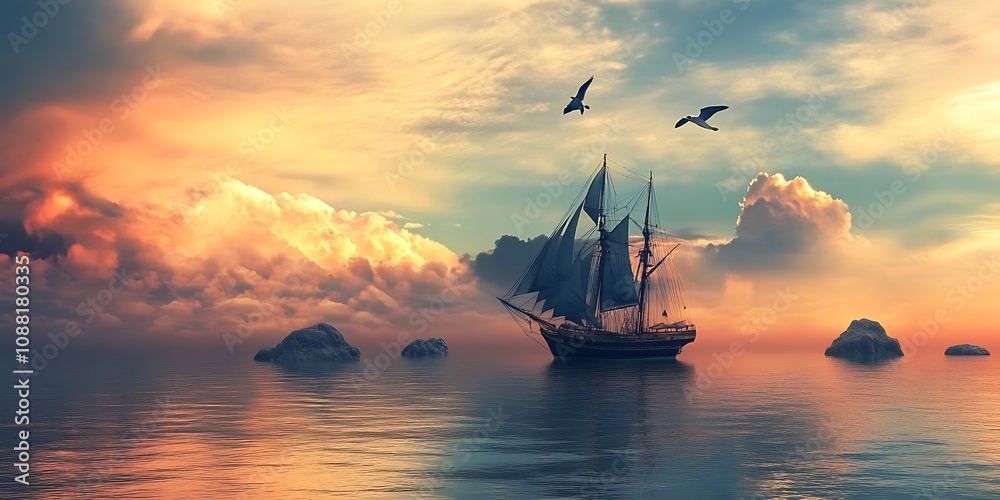 Fototapeta premium Sailing ship at sunset, ocean landscape