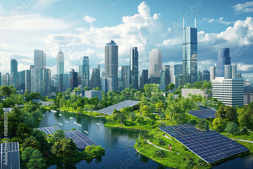 Sustainable smart city concept with integrated renewable energy. Urban planners engineers and environmentalists designing future-ready urban environments