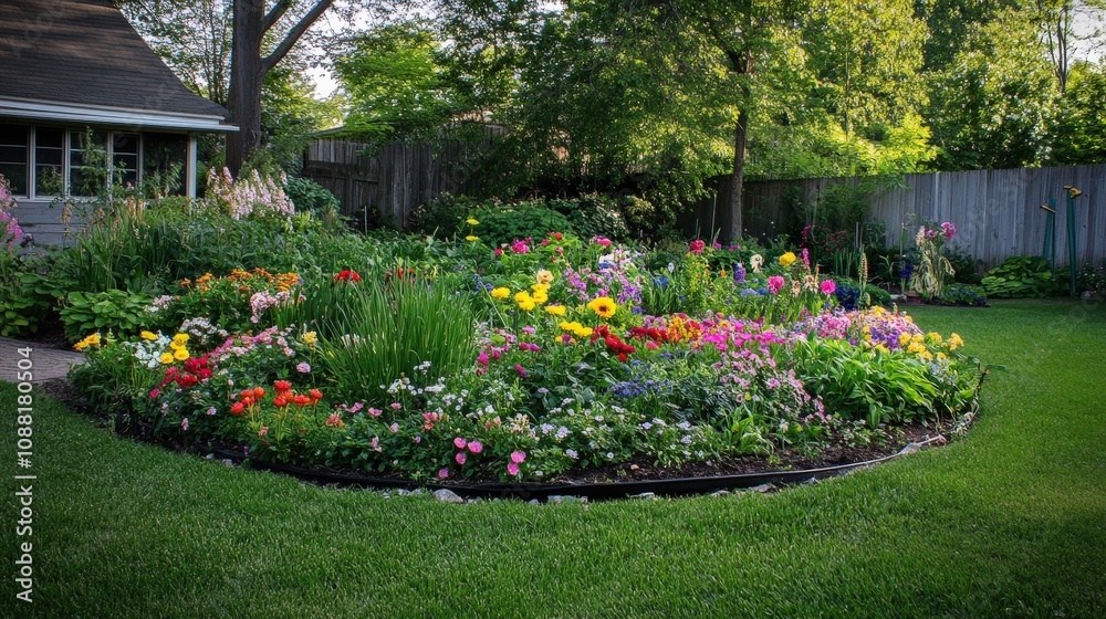 Fototapeta premium A garden bed with blooming flowers of various colors growing in spring, creating a vibrant and lively display of natural beauty