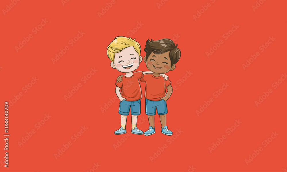 Two happy boys hugging and smiling, showing friendship Two happy boys hugging and smiling, showing friendship