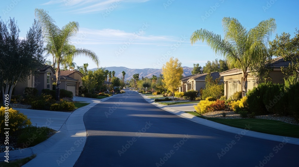 Serene Morning View of Oasis Community in Menifee, California With Palm Trees and Mountains. Generative AI Serene Morning View of Oasis Community in Menifee, California With Palm Trees and Mountains. Generative AI