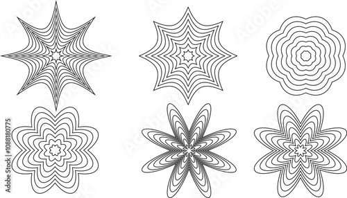 Radial abstract geometric shapes with distortion, deformation effect vector illustration.