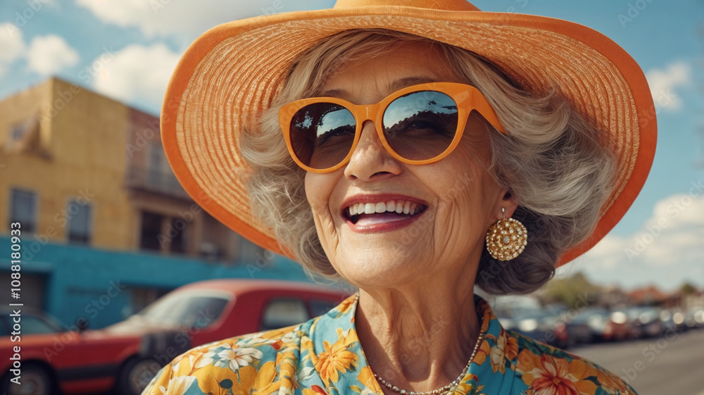 Fashionable Grandmother in Bold Colors, Soaking Up the Sun in a Retro 1960s Convertible, Embracing Freedom and Fun Fashionable Grandmother in Bold Colors, Soaking Up the Sun in a Retro 1960s Convertible, Embracing Freedom and Fun