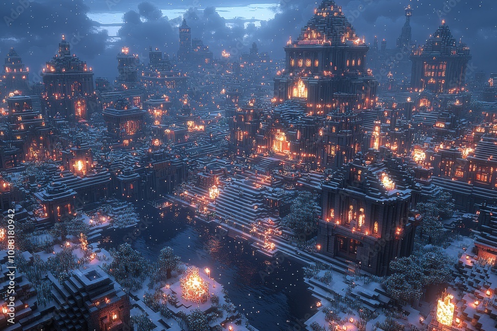 Fototapeta premium Enchanting Snow Covered City at Night Illuminated Architecture Winter Wonderland