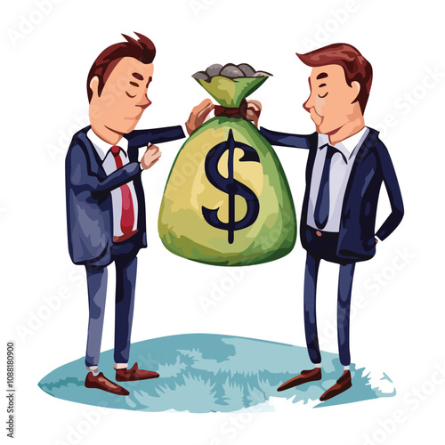 Watercolor drawing of two greedy businessmen fighting over a money bag. Compete to get as much profit as possible—market price destroyer.