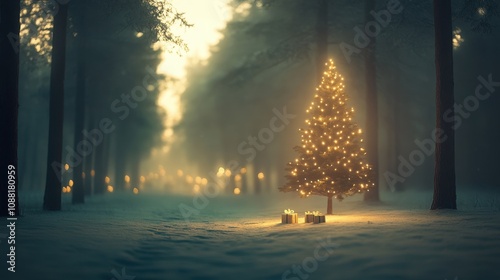 Illuminated Christmas tree in snowy forest at dawn.