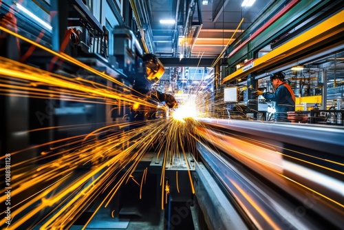 In a large industrial workshop, workers are busy welding, creating vibrant sparks that illuminate the space with energy. Generative AI