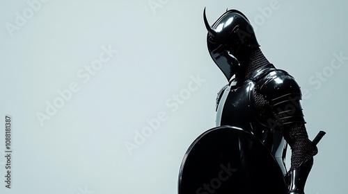 Black armored knight with shield and sword against light background. photo