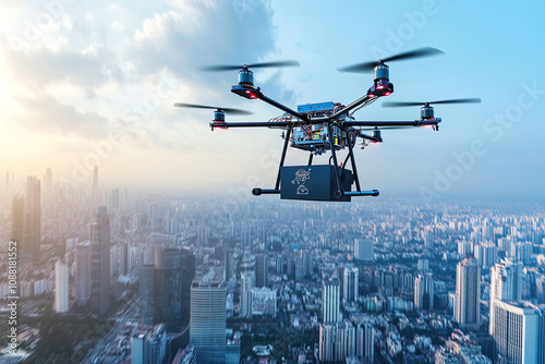Urban drone delivery systems in action. Engineers logistics experts and drone operators revolutionizing delivery services