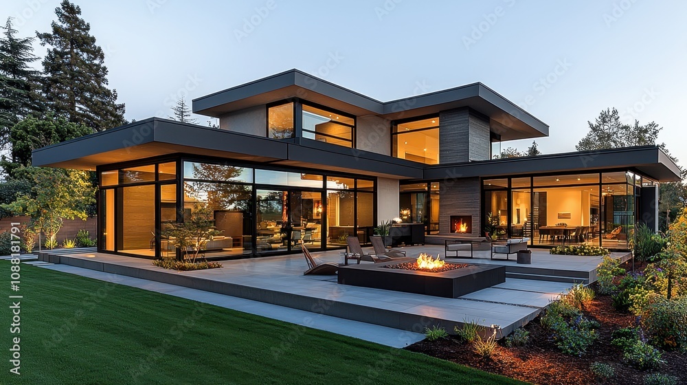 Modern luxury home with expansive patio, fire pit, and large windows at dusk. Modern luxury home with expansive patio, fire pit, and large windows at dusk.