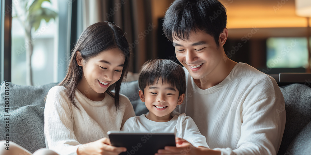 Closeup portrait of couple with their baby, Happy smiling family holding baby, Look at tablet Closeup portrait of couple with their baby, Happy smiling family holding baby, Look at tablet