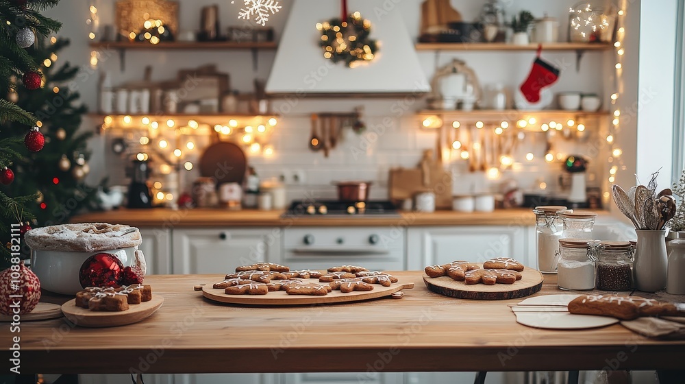 A holiday baking-themed photo booth with gingerbread cookies, a cozy kitchen setup, and baking props, A holiday baking-themed photo booth with gingerbread cookies, a cozy kitchen setup, and baking props,