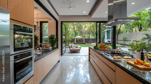 Modern kitchen with open-plan design, sliding glass doors revealing a lush green backyard with lounge area.