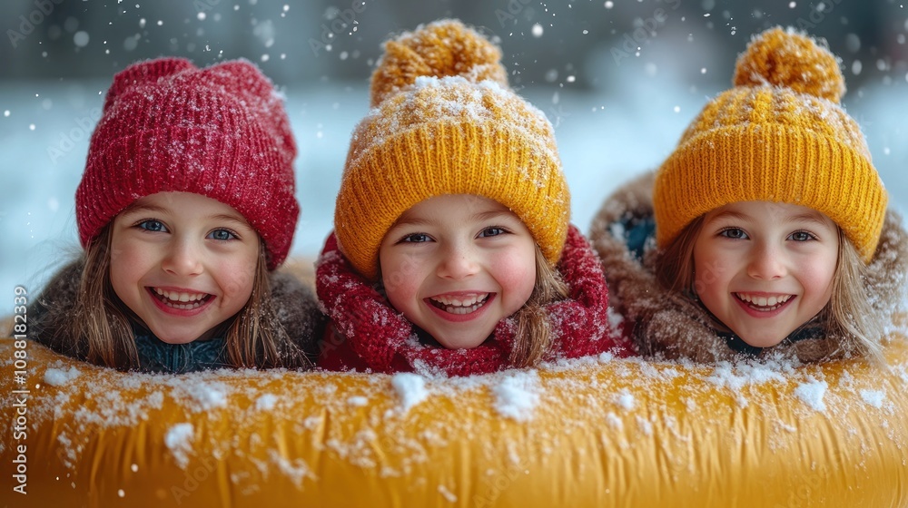 Three smiling children in winter hats enjoying a snowy day. Three smiling children in winter hats enjoying a snowy day.