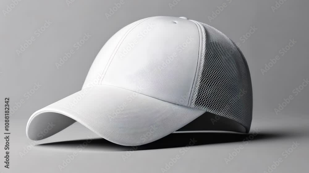 A white baseball cap with a mesh design sits on a gray surface. The hat is empty and has a clean, minimalist appearance