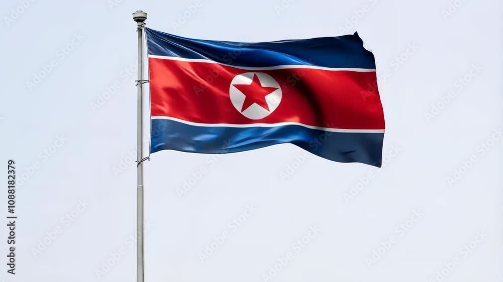 North Korea flag waving glorious on a flagpole over white background North Korea flag waving glorious on a flagpole over white background