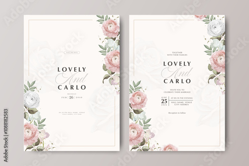 floral wedding card set template with ranunculus flower and creamy background