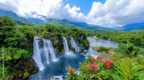 Lush green tropical landscape with cascading waterfalls, vibrant flora, and tranquil lake against a backdrop of majestic mountains under a sunny sky.