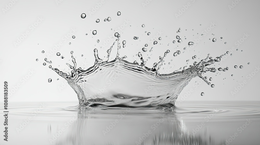 Dynamic splash of water captured in mid-air with droplets scattering beautifully against a clean background. Dynamic splash of water captured in mid-air with droplets scattering beautifully against a clean background.