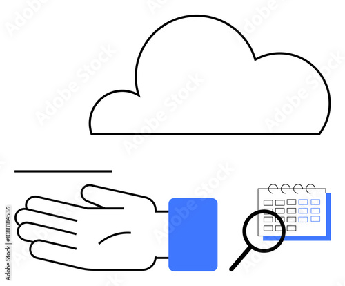 Cloud shape, outstretched hand, calendar, magnifying glass. Ideal for cloud technology, project scheduling, task organization, productivity digital solutions remote work data sharing. Line