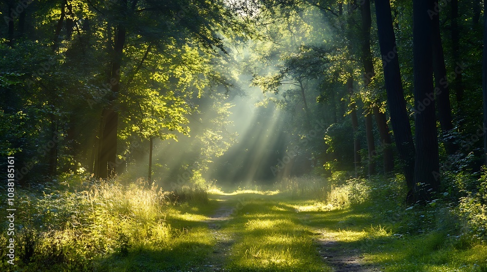 Obraz premium Sunbeams in Forest Path