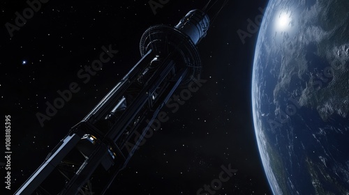A next-generation space elevator reaching from Earth's surface into geostationary orbit, Space transportation style, photo of photo