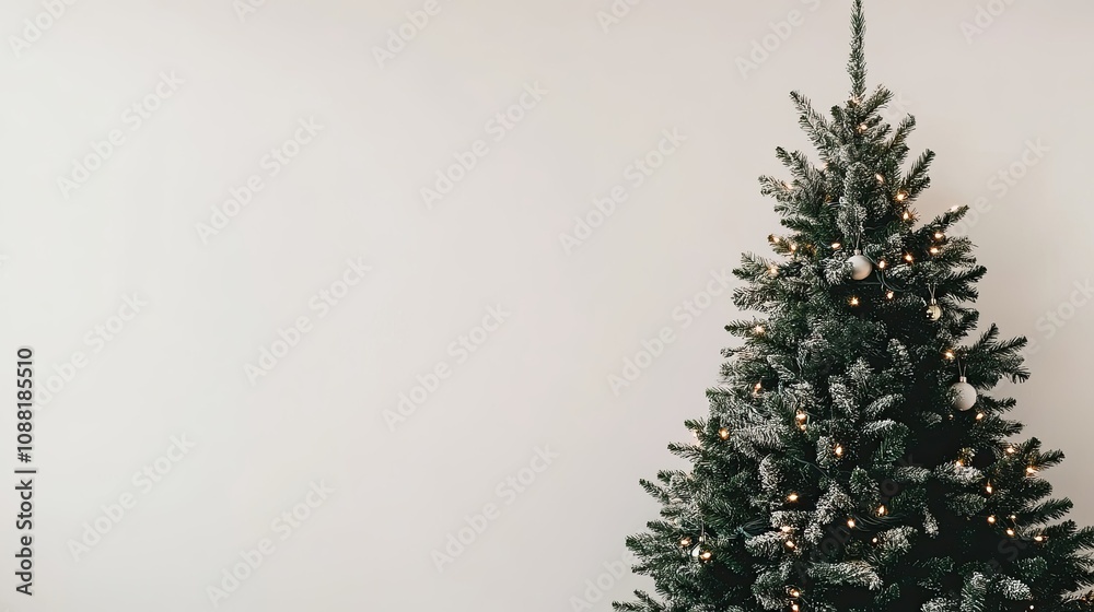 Fototapeta premium Festive Christmas tree in a cozy setting, with ample blank space on the side for custom holiday messages.