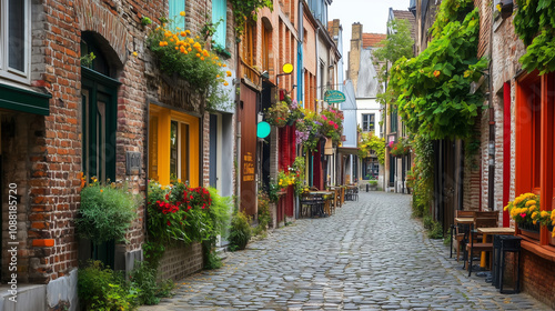 Rustic European street with cobblestones, vintage cafés, and colorful flowers in window boxes.