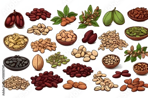 Illustration Hand drawn Set Of Mix Beans, red beans, green peas, soybean, peanuts, pistachios, sunflower seeds, almond, macadamia on white background, outline monochrome ink style. Generative AI