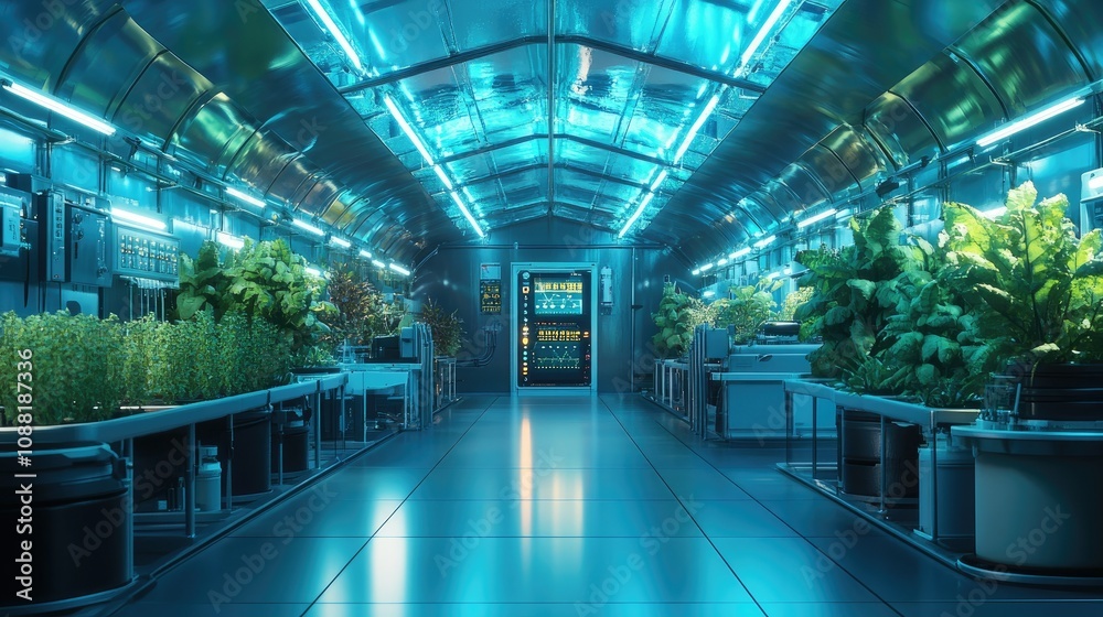 High-tech greenhouse with automated systems and advanced lighting, symbolizing smart farming. High-tech greenhouse with automated systems and advanced lighting, symbolizing smart farming.