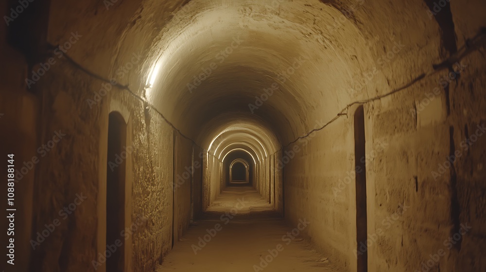 Dark, arched tunnel interior with dimly lit walls and floor.