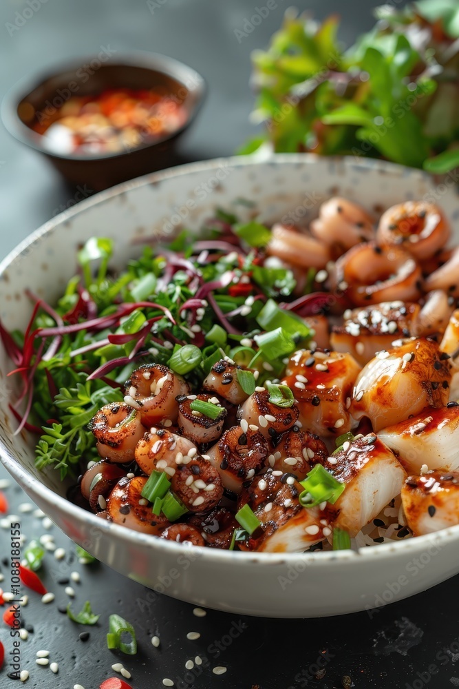 Fototapeta premium A vibrant bowl of flavorful seafood with herbs and vegetables, garnished with sesame seeds and spicy sauce, showcasing a delicious culinary creation.