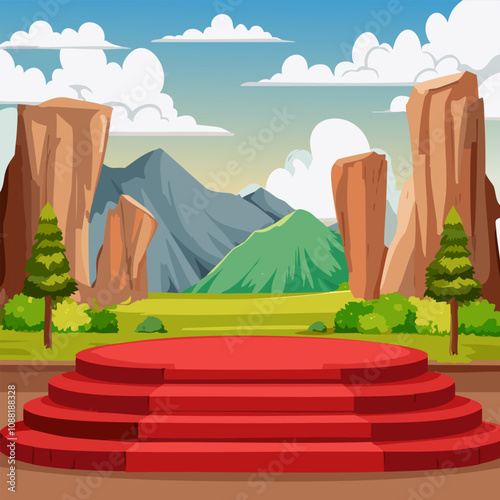 Background scene with mountains and red podium illustration. Vector graphic design.