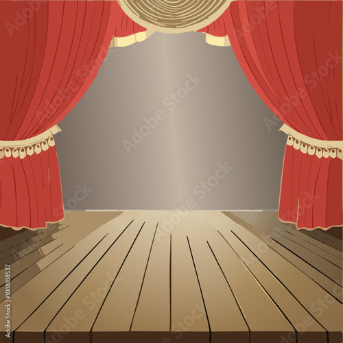 vector illustration of a stage with red curtains and wooden floor in a room