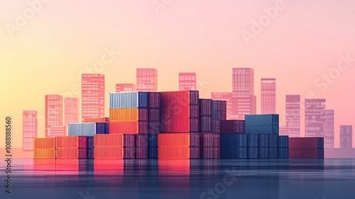 A city skyline with a large stack of containers on top of a body of water