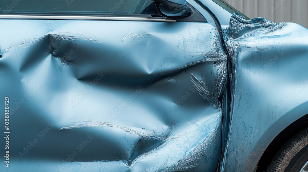 Severely dented car door with blue paint damage and texture visible