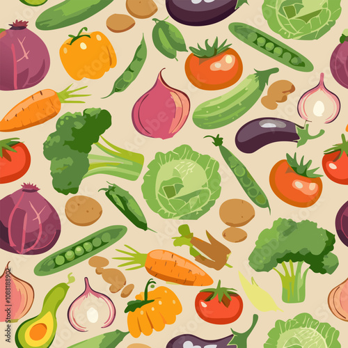 Seamless pattern with vegetables. Tomatoes, onions, green cabbages, and carrots background. Vector illustration.