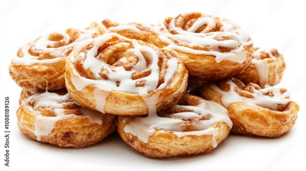 71.A neat stack of golden-brown iced cinnamon pastries, each with a generous swirl of icing drizzled over the top. The pastries are arranged in a pile against a clean, white background with a subtle 71.A neat stack of golden-brown iced cinnamon pastries, each with a generous swirl of icing drizzled over the top. The pastries are arranged in a pile against a clean, white background with a subtle