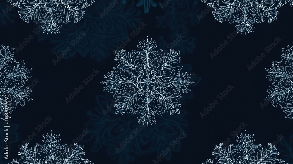 Intricate line snowflakes arranged in a seamless pattern on a dark blue background, evoking a winter wonderland.