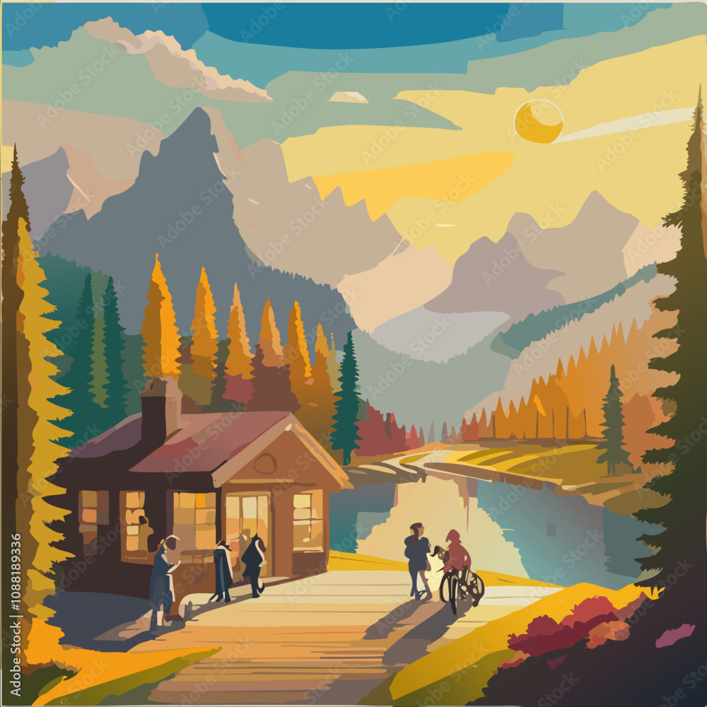 Vector illustration of family walking on the road to the cottage in the mountains Vector illustration of family walking on the road to the cottage in the mountains