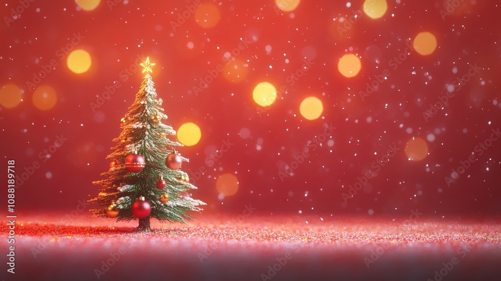 Miniature Christmas tree with warm red and gold decorations, set against a glowing red backdrop with festive bokeh lights. Miniature Christmas tree with warm red and gold decorations, set against a glowing red backdrop with festive bokeh lights.