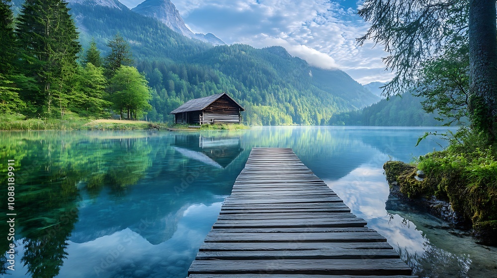 Wooden dock leading to lakeside cabin in serene mountain landscape Wooden dock leading to lakeside cabin in serene mountain landscape