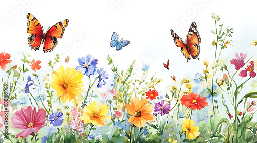 Watercolor illustration of a summer garden with butterflies fluttering among colorful flowers 