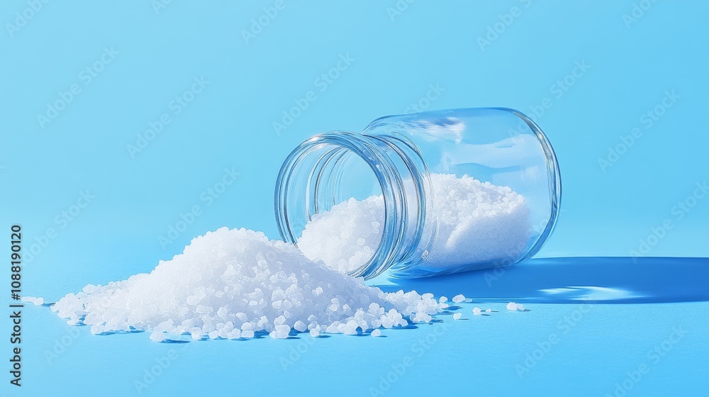 39.A simple, bold composition of a clear saltshaker, overturned with salt grains spilling out onto a smooth, bright blue background. The spilled salt forms a small mound, with individual grains 39.A simple, bold composition of a clear saltshaker, overturned with salt grains spilling out onto a smooth, bright blue background. The spilled salt forms a small mound, with individual grains