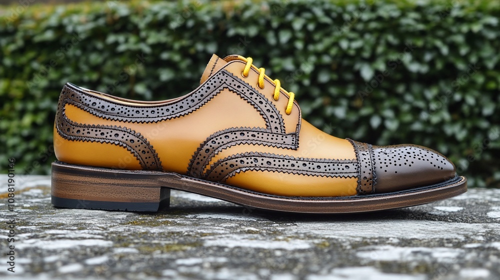 Naklejka premium Tan and brown leather brogue shoe with yellow laces on stone.