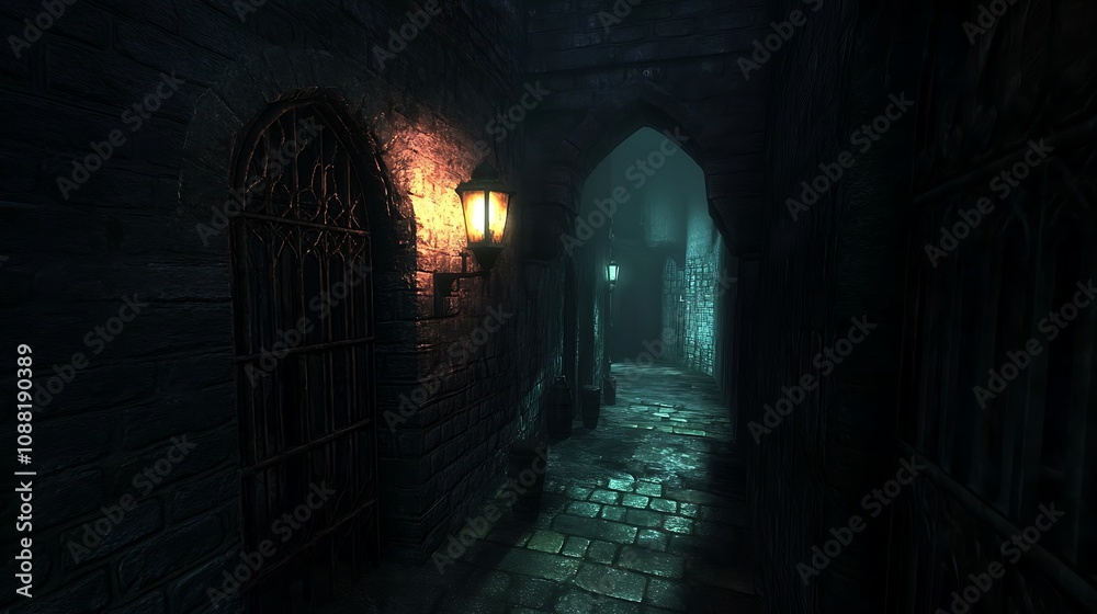 Obraz premium Dark, gothic alleyway with stone walls, arched entryway, and lantern.