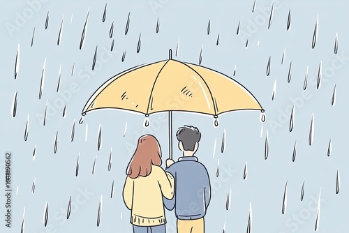 A charming illustration of a couple sharing a yellow umbrella during a rainy day, capturing a romantic and cozy moment filled with love and connection.