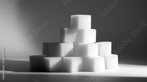 91.A towering stack of pure white sugar cubes, each one precisely aligned on top of the other, forming a perfect geometric structure. The cubesâ€™ sharp edges and smooth surfaces catch the light, with