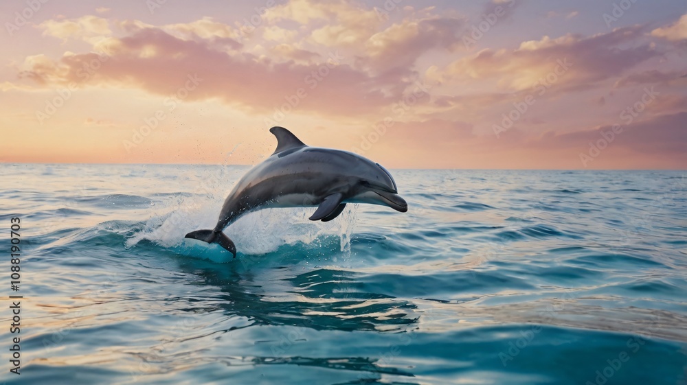 Obraz premium Dolphin leaps gracefully above the ocean surface during sunset, showcasing its agility and beauty in the warm glow