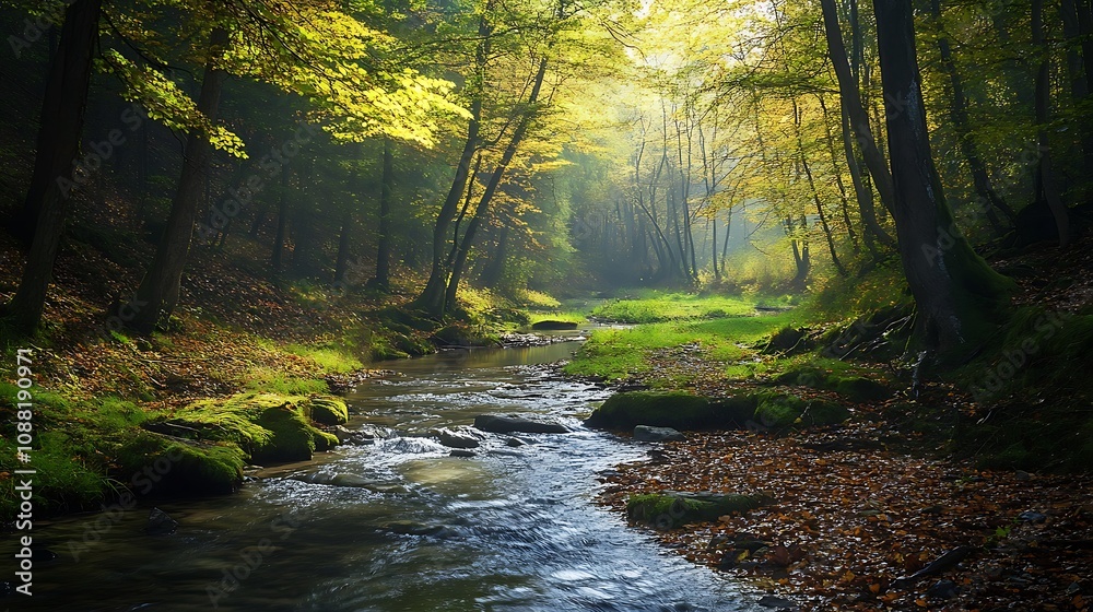 Obraz premium Autumn forest stream, sunlight, nature scene